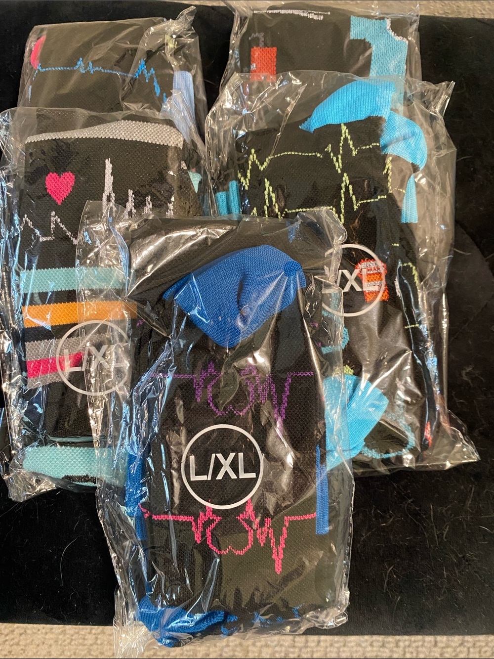 L/XL Black Ankle/Calf Socks with Colorful Heartbeat Design